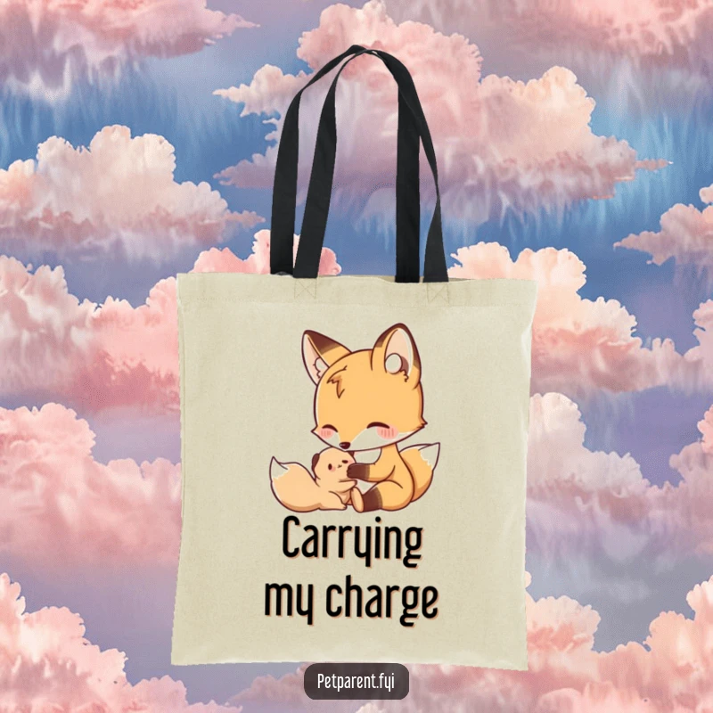 Funny Nurturing Fox Tote Bag: A nurturing fox grooms a small creature, perfect for a funny caring gift.