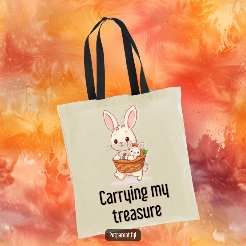 Funny tote bag illustrating a caring rabbit character carrying a small baby bunny in a basket, perfect for daily errands.