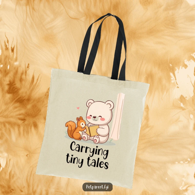 Funny tote bag featuring a content bear reading a small book to a squirrel, perfect for carrying books.