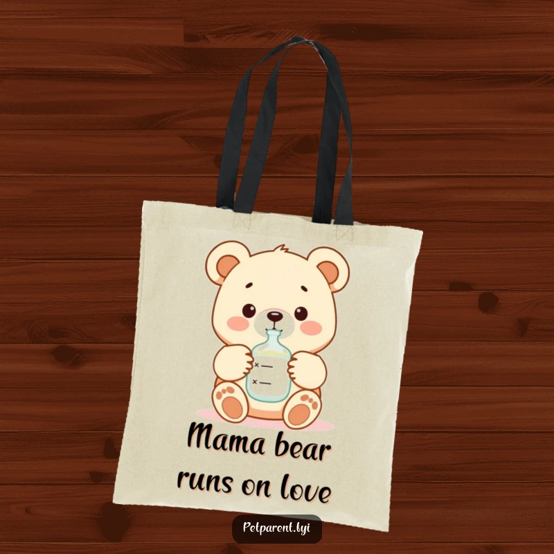 Funny cartoon bear character feeding a baby with a bottle, on a durable tote bag for carrying baby essentials.