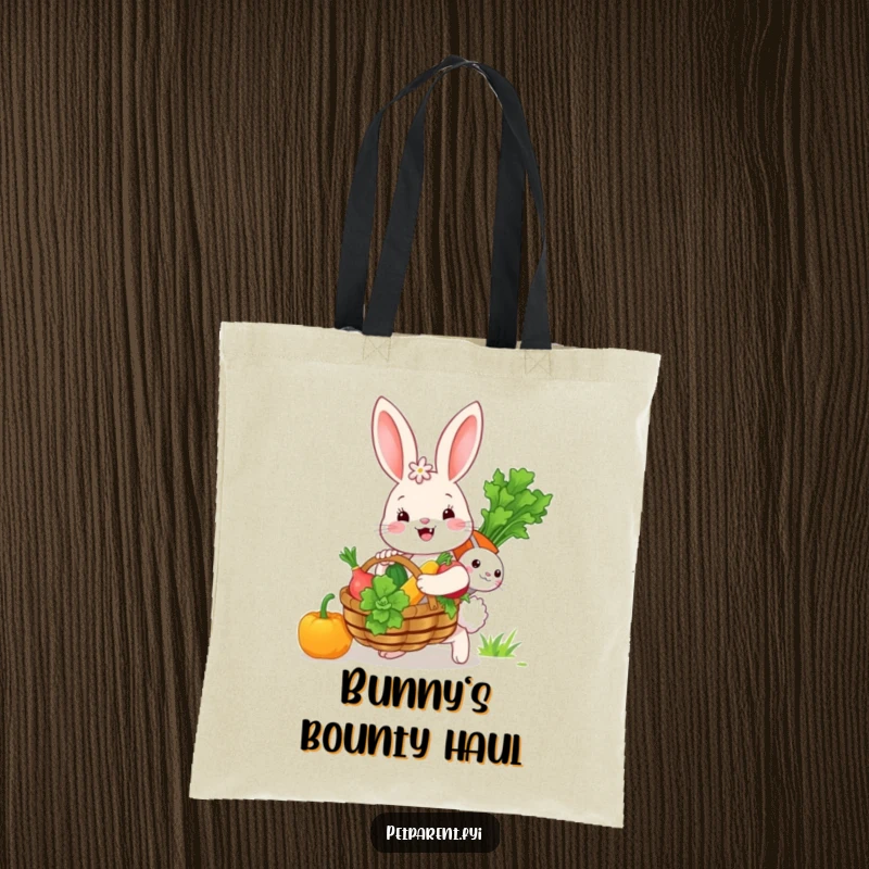 Funny bunny character balancing a large basket full of fresh vegetables, perfect for shopping, on a durable tote bag.