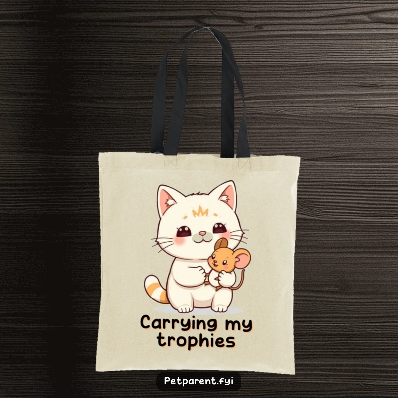 Funny tote bag featuring a proud cat character holding a tiny toy mouse, perfect for carrying items humorously.