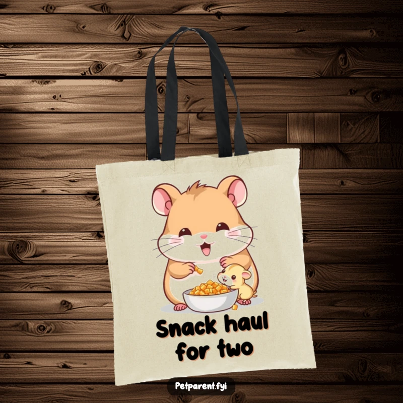 Funny Cheerful Hamster Tote Bag: A cheerful hamster shares food with its little one, perfect for a funny family gift.