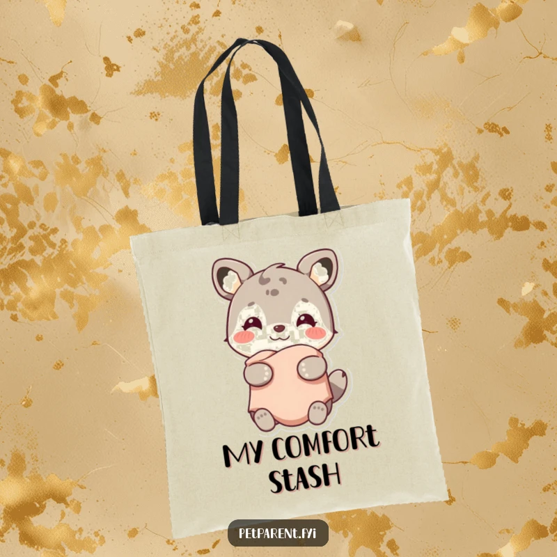 Funny tote bag featuring a smiling animal character holding a small, warm blanket, symbolizing portable comfort and joy.