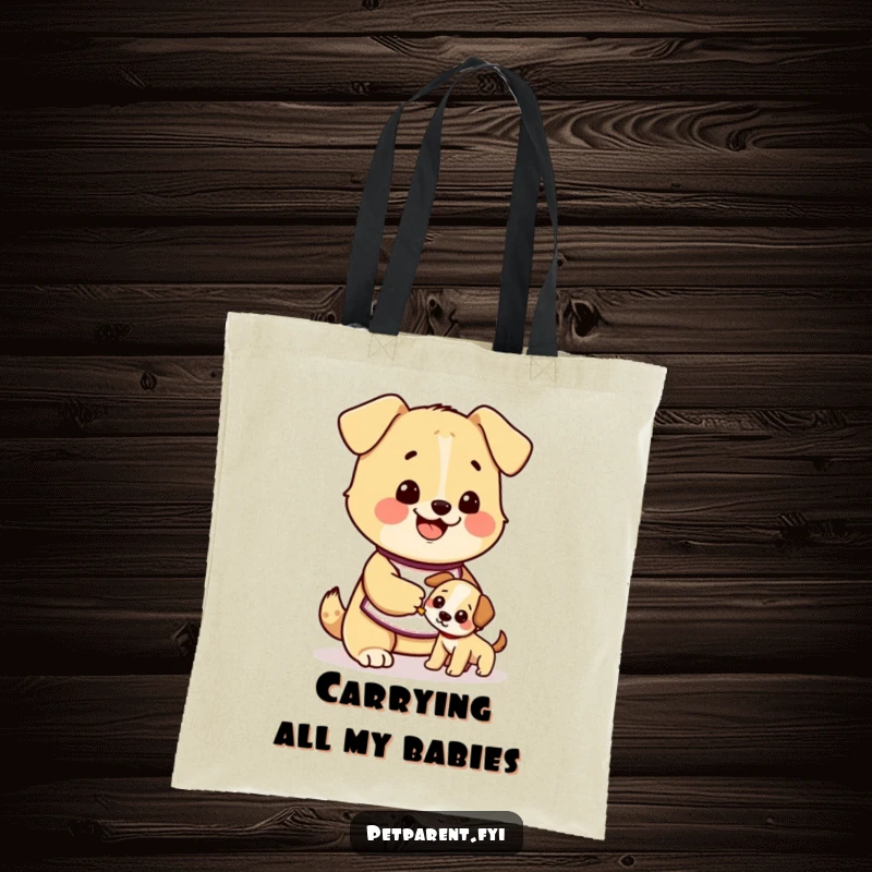 Funny dog tote bag featuring a cute character in an apron happily feeding a smaller puppy, perfect for carrying essentials with love.