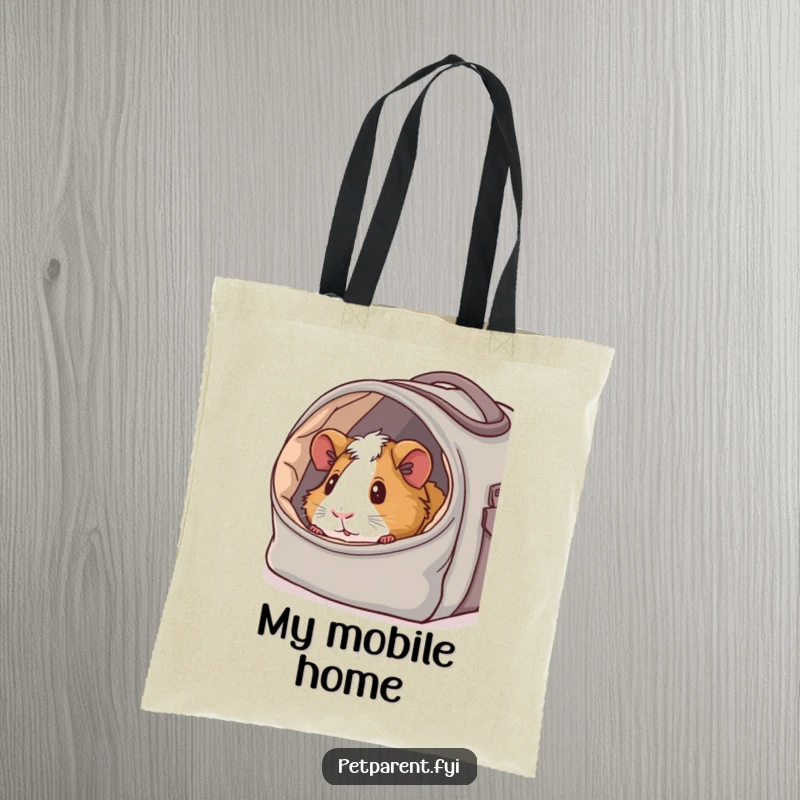 Funny tote bag illustrating a content guinea pig peeking from a cozy carrier bag, showcasing humorous and comforting pet appreciation.