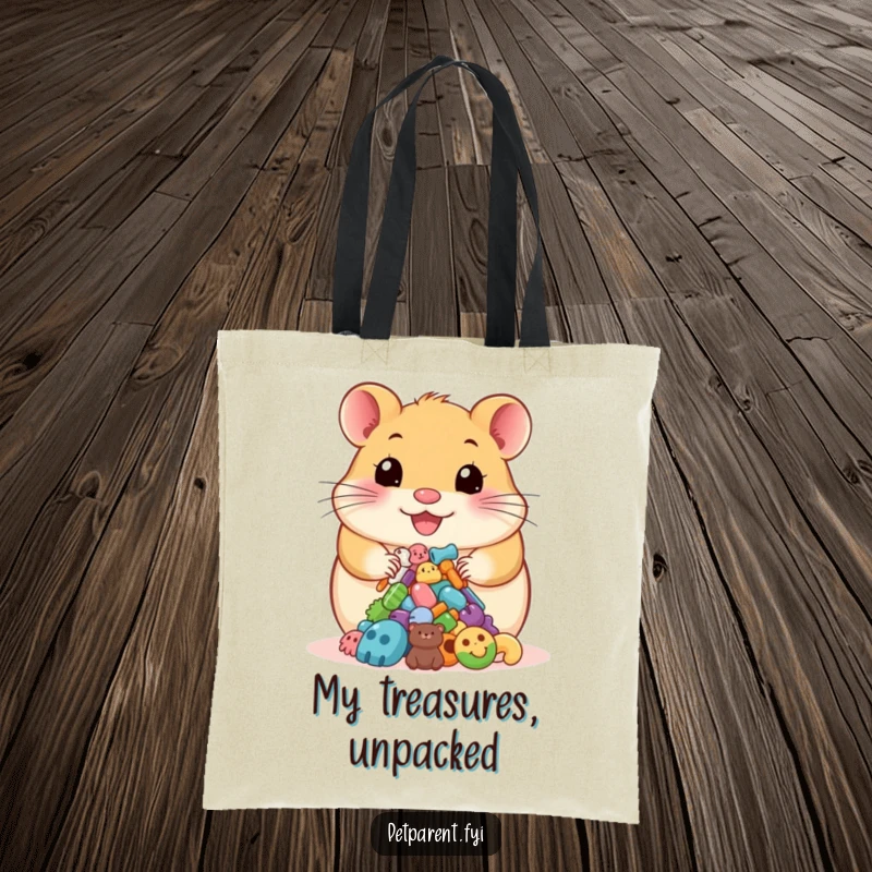 Funny tote bag illustrating a happy hamster proudly presenting colorful pet accessories, showcasing humorous pet enthusiasm.