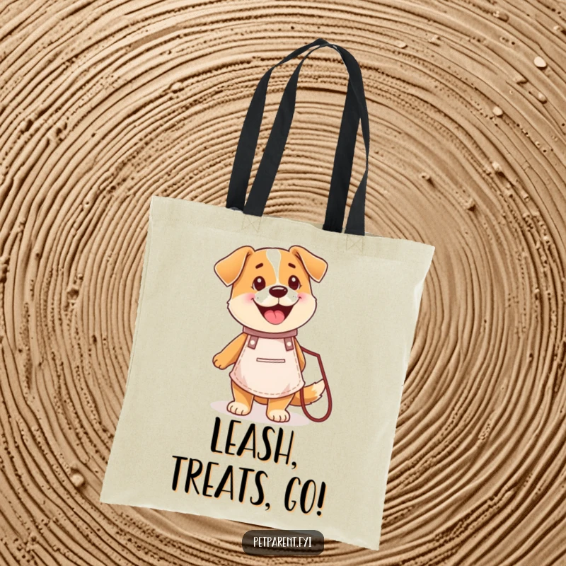 Funny tote bag with a happy dog character in an apron holding a leash, perfect for carrying essentials.