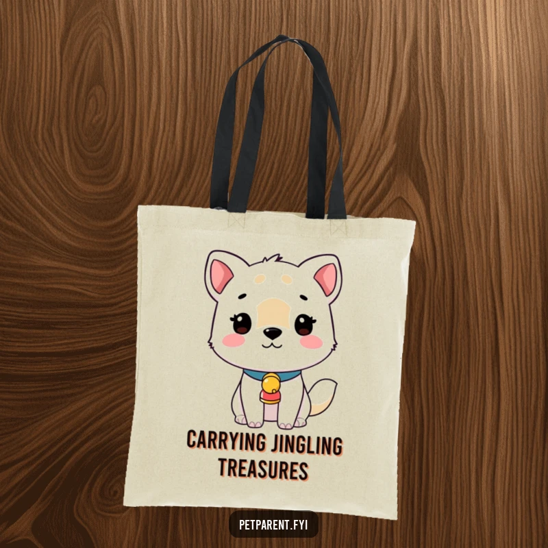Funny tote bag featuring an animal with a jingling bell collar, ideal for carrying groceries or daily essentials.