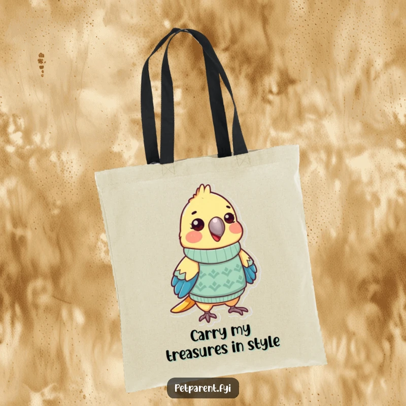 Funny parrot tote bag featuring a playful bird character in a miniature sweater, perfect for shopping and a humorous touch. A great funny gift.