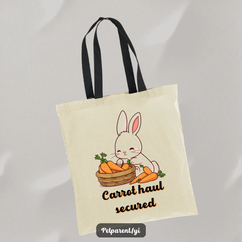 Funny Patient Rabbit Tote Bag: A patient rabbit adores a basket of carrots, perfect for a funny eco-friendly gift.