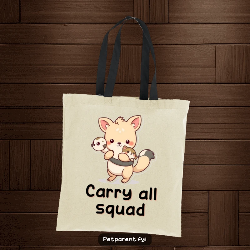 Funny playful animal character giving a ride to a pet on its back, on a durable tote bag.
