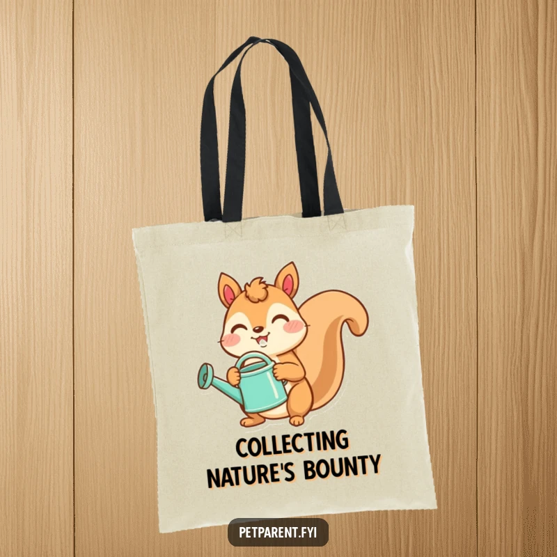 Funny tote bag featuring a happy squirrel with a watering can, perfect for carrying gardening supplies or daily items.