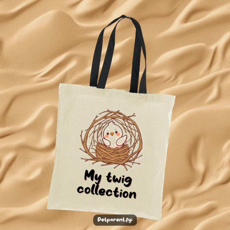 Funny bird character constructing an elaborate twig nest, captured on a durable tote bag for carrying supplies.