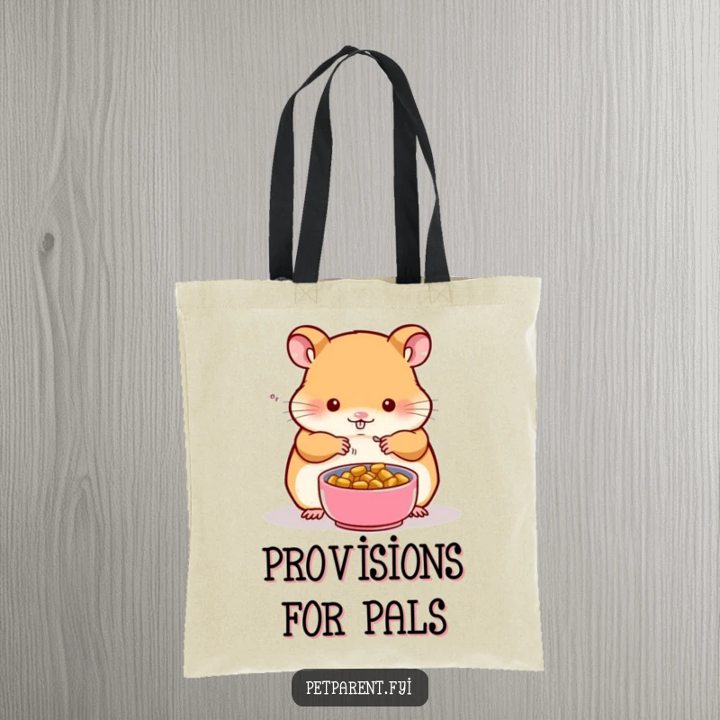 Funny tote bag illustrating a diligent hamster character preparing a miniature food bowl for a small companion, perfect for daily errands.