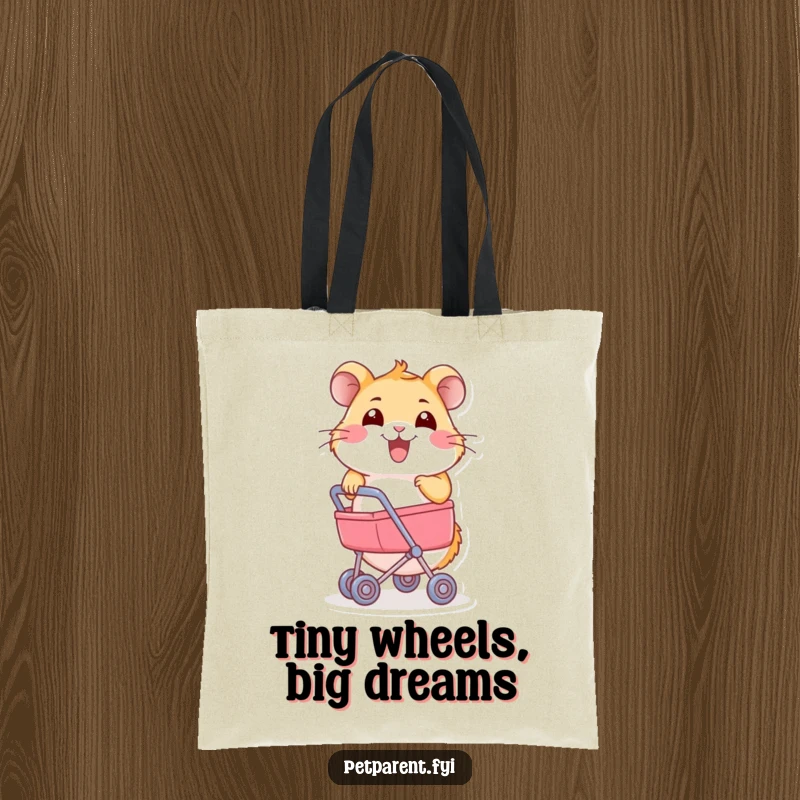 Funny Hamster Tote Bag: A joyful hamster pushes a miniature stroller. A humorous and practical accessory.
